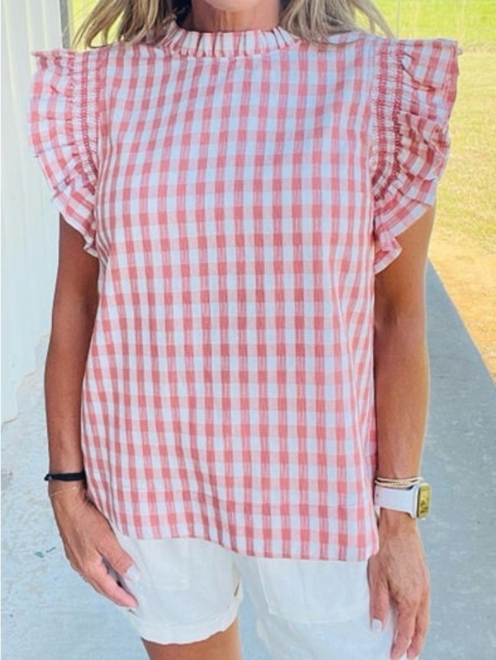 JODIFL Red and White Gingham Ruffle Sleeve Top